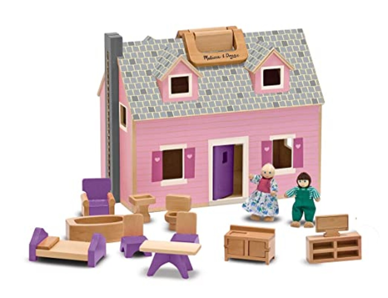 Melissa Doug Fold and Go Wooden Dollhouse With 2 Dolls and Wooden Furniture